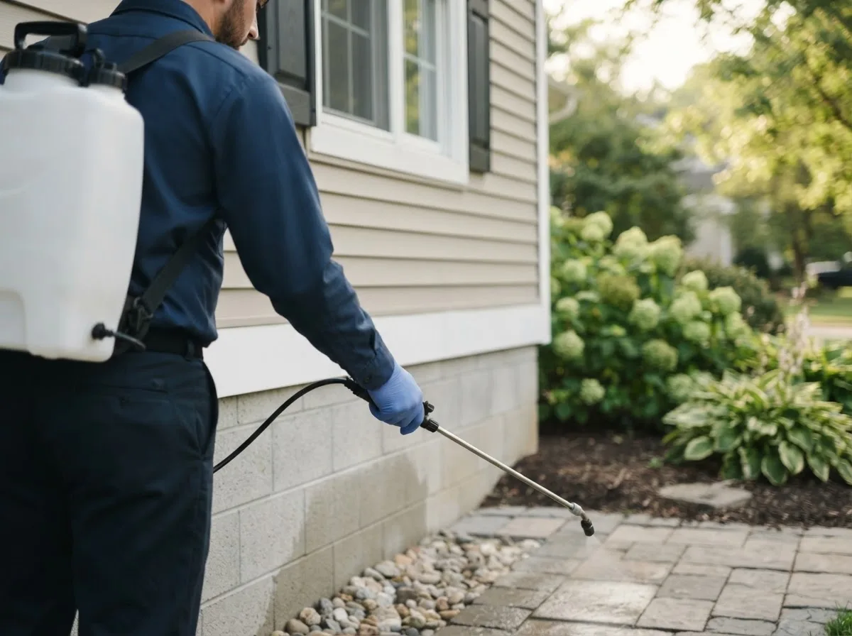 Pest control technician inspecting a home in Gerlaw, IL